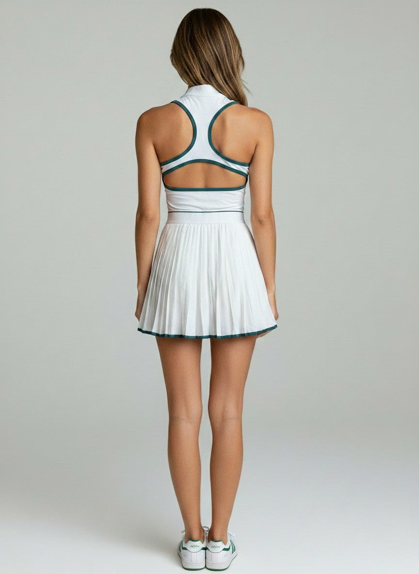 Court Pleated Dress Set — White / Forest Green