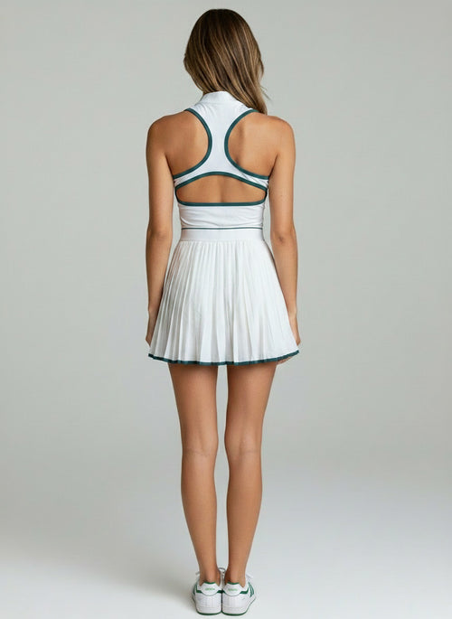 Court Pleated Dress Set — White / Forest Green