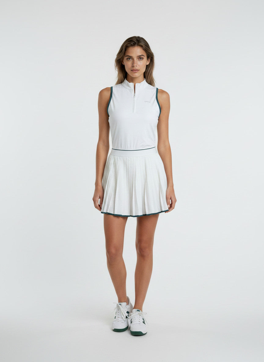 Court Pleated Dress Set — White / Forest Green